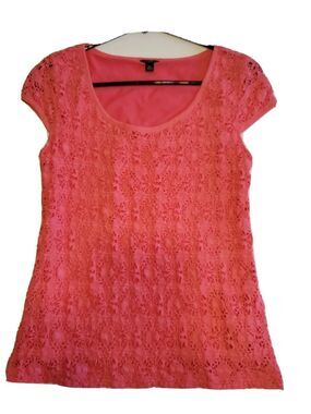 Womens Cap Sleeve Top Small Petite Crochet Overlay Lined Casual Pullover Ann Tay